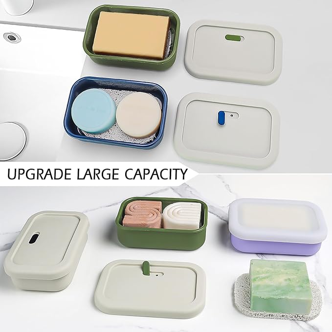 Enhanced Leak Proof Travel Case with Lid, Large Silicone Container for Traveling,Shampoo Bar Holder, Soap Dish with Draining Layer, Bar Soap Caddy (Offwhite & Blue)