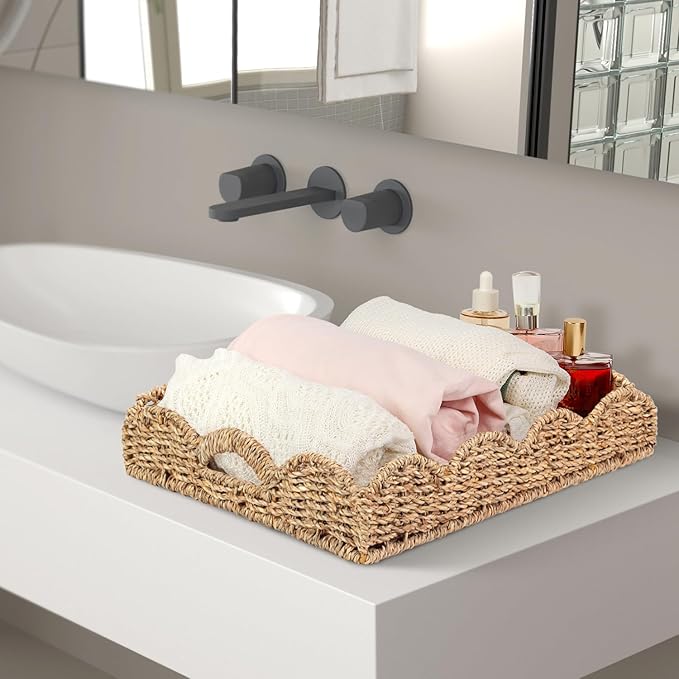 2Pcs - Scalloped Basket, Decorative Basket, Seagrass Tray (17 x 13 x 3 inch - 2Pcs) with Scalloped Edge and Built-in Handles, Rectangle Serving/Rattan/Wicker/Woven/Basket Tray