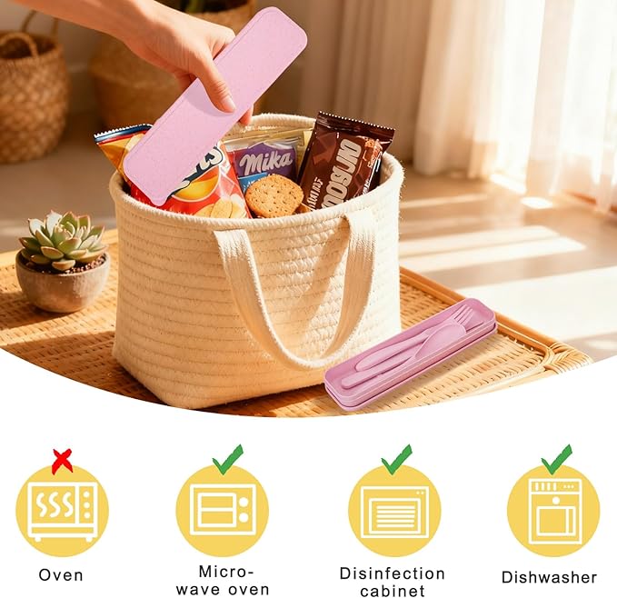 2 Sets Reusable Utensil Set with Case, Portable Camping Fork Knife Spoon Set, Travel Utensils for Lunch Box, for School Work Lunch or Daily Use (Pink, Light yellow)