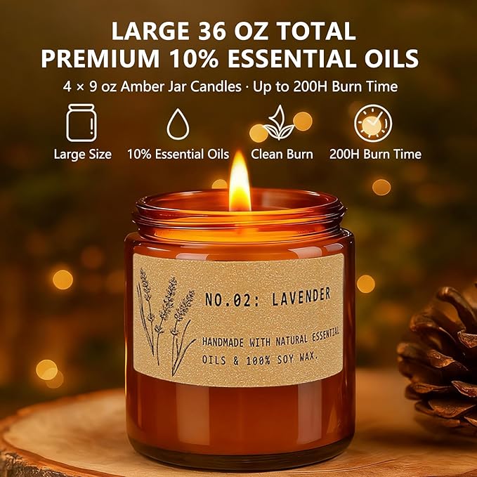 Christmas Candle Gifts for Women – Large 36 oz Scented Candle Gift Set, Natural Soy Wax Amber Jar Candles with Lavender & Sage, 4-Pack Aromatherapy Set