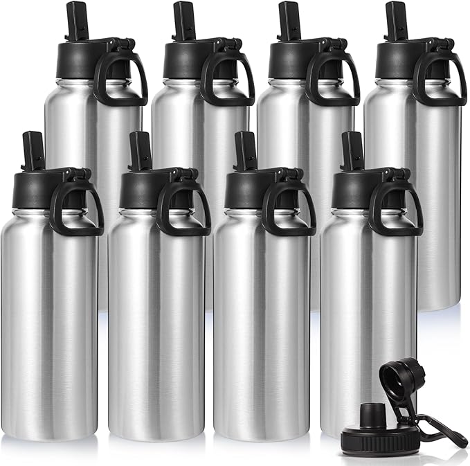 Neihepal 32 oz Insulated Water Bottles Bulk with 2 Lids (Straw & Spout Lid), Stainless Steel Double Wall Water Bottle, Keeps Cold 24H & Hot 12H (Silver,8 Pack)