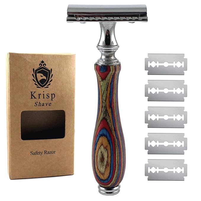 Long Wood Handle Safety Razor for Men Women - Double Edge Manual Razor - Fits All Double Edge Razor Blade - Comes With 5 Shaving Blades, Multi Color, 4.2 inch long