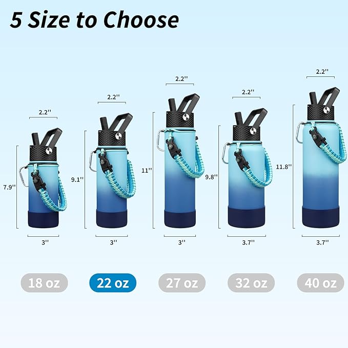 BJPKPK Insulated Water Bottle with Straw Lid, 22oz Thermal Flasks Water Bottles with 3 Lids, Paracord Handle & Non-slip Boot, BPA Free Leak Proof Stainless Steel Tumblers,Sky
