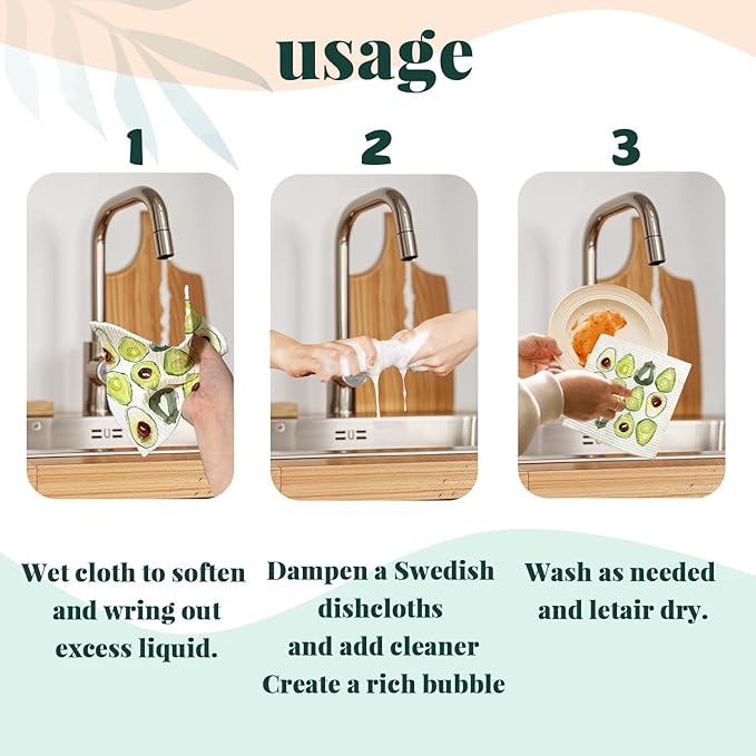 Avocado Swedish Dishcloths for Kitchen, Swedish Dish Cleaning Cloths for Friut, Papaya Reusable Paper Towels, 4 Pack Dish Towels for Kitchen, Reusable Sponge Cloths Washable