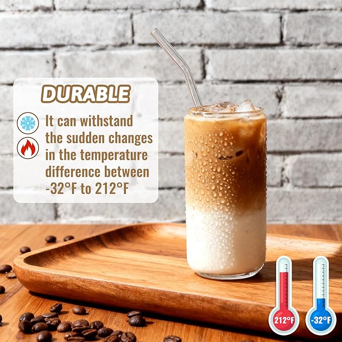 Glass Cups with Lids and Straws 16 oz, 4-Pack Borosilicate Glass Tumbler with Bamboo Lids & Glass Straws, for Iced Coffee, Bubble Tea, Beer, Reusable Drinking Glasses Set Include Cleaning Brush