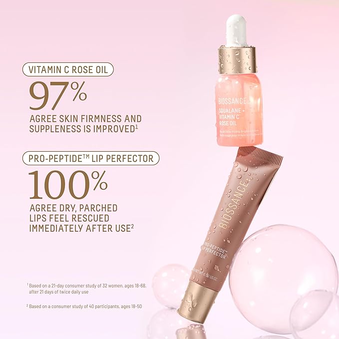 Biossance Bright Luminaries Set – Vitamin C Rose Oil & Lip Perfector Travel Duo for Brighter, Hydrated Skin and Lips | Limited-Edition Gift Set ($47 Value)