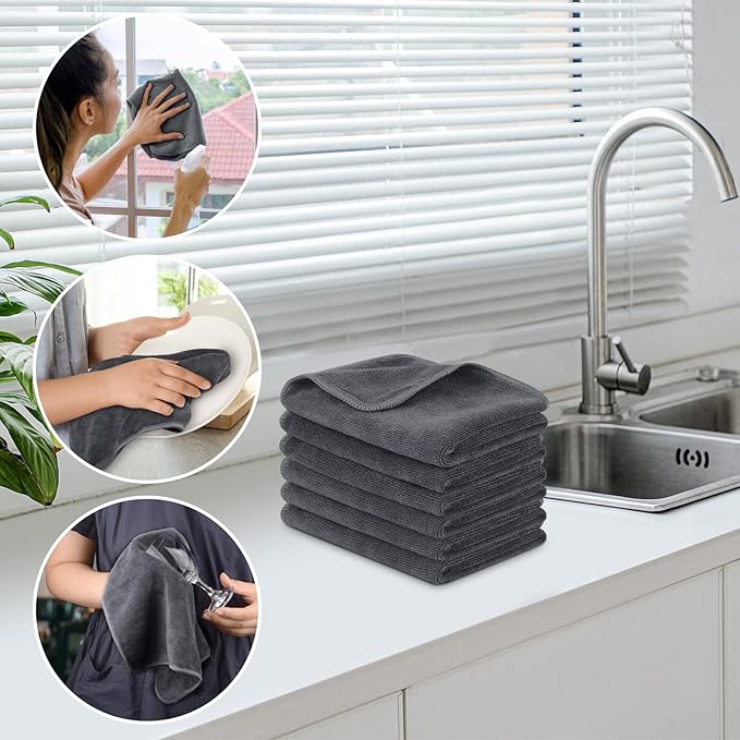 SINLAND Microfiber Cleaning Cloth Ultra Absorbent Softer Towel Reusable Cloth No Streak Lintless Cleaning Clothes for Home, Kitchen, Car, Window Use 12x12 Inch Slate Grey 6 Pack