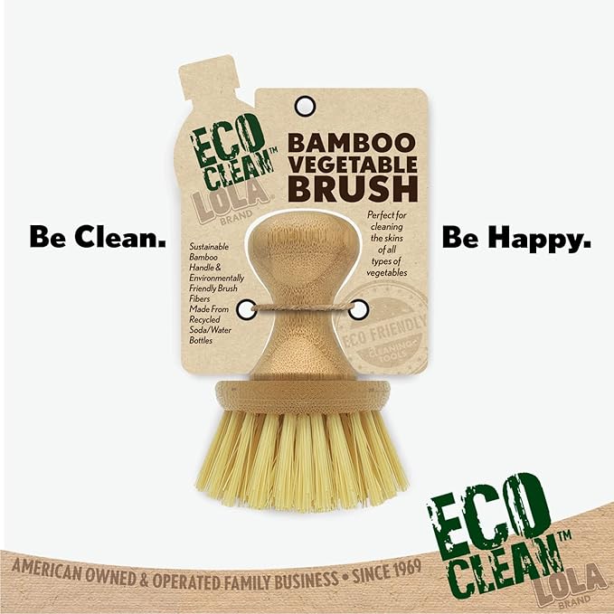 LOLA Vegetable Brush w/Comfort Bamboo Knob, 2 Pack, Durable Poly Bristles, Natural Bamboo, Fibers are Recycled Soda/Water Bottles