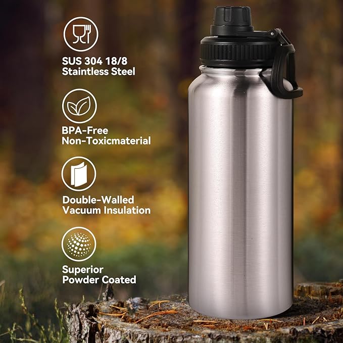 Neihepal 32 oz Insulated Water Bottles Bulk with 2 Lids (Straw & Spout Lid), Stainless Steel Double Wall Water Bottle, Keeps Cold 24H & Hot 12H (Silver,4 Pack)