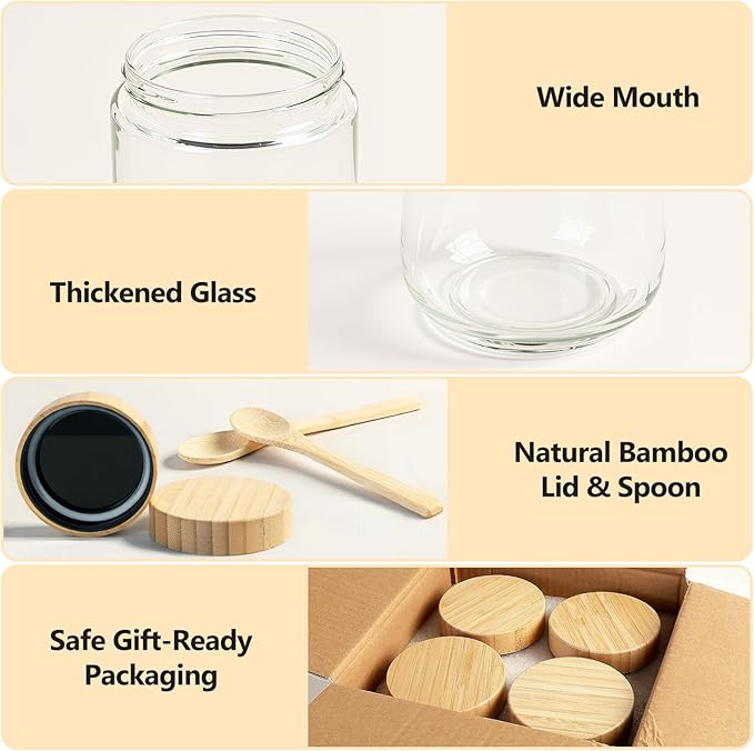 4 Pack 16oz Glass Jars with Bamboo Lids, Spoons, Airtight Overnight Oats Containers, Wide Mouth Mason Jars, Food Storage Container for Yogurt Salad Snacks Spice Sugar Meal Prep – Reusable