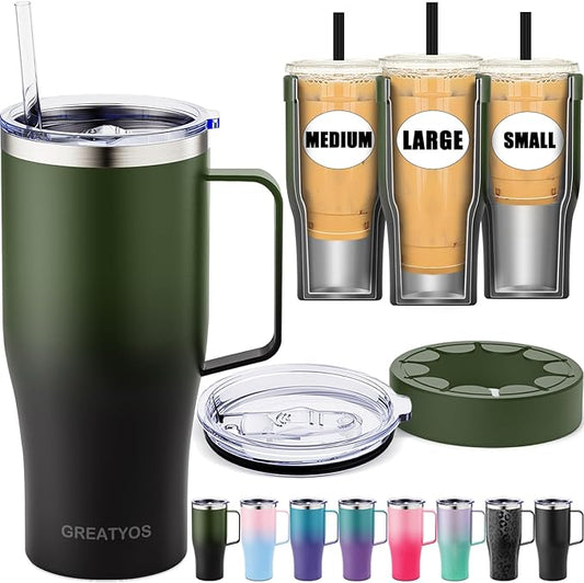 Universal Iced Coffee Sleeve with Handle - Insulated Double Wall Reusable Stainless Steel Holder Insulator for Cold Drinks Fits Small Medium Large To Go Cups Gifts for Men Women Him Her (Black Forest)