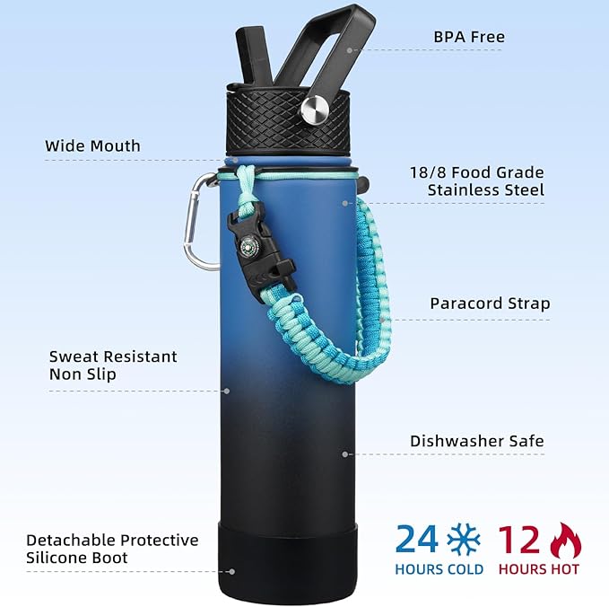 BJPKPK 27oz Insulated Water Bottles with 3 Lids, Paracord Handle & Non-slip Boot,Stainless Steel Water Bottle with Straw, BPA Free Leak Proof Thermal Flasks,Tumblers,Blue Black