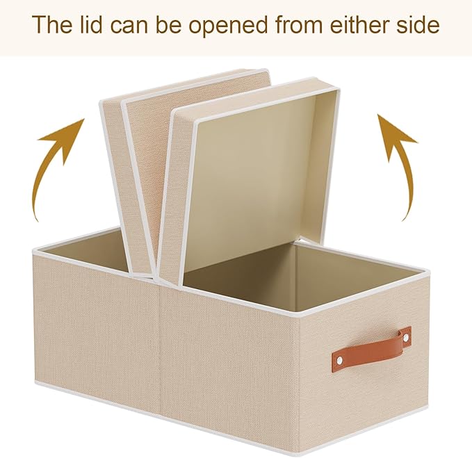 3-Pack Storage Boxes, Foldable Blanket Basket with Detachable Lid, Linen Closet 0rganizers with Double Handles, Collapsible Cubes for Organizing, Beige, 18.5 x 11 x 7.9 inch