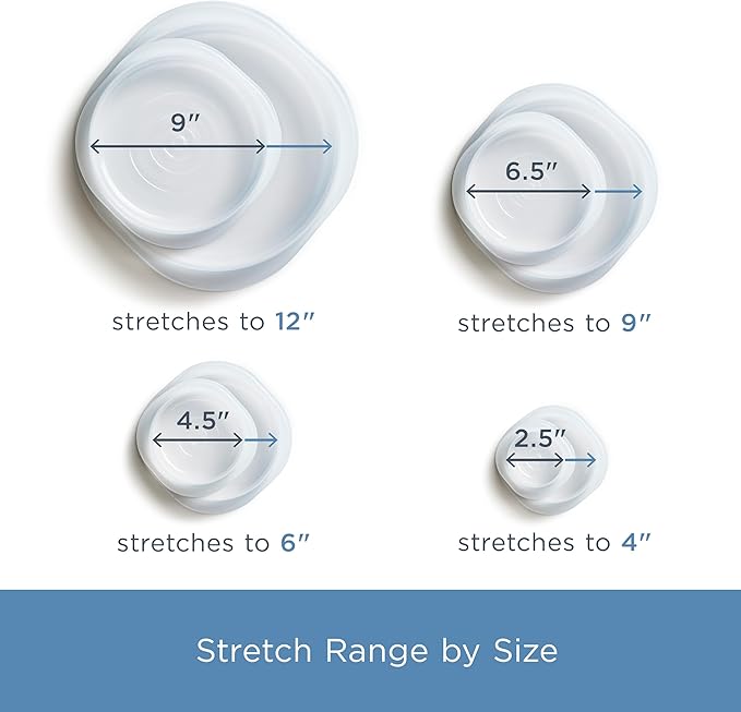 Stasher Premium Reusable Silicone Stretch Lids Variety 4-Pack, Clear, 9", 6.5", 4.5", 2.5", Airtight Seal, Food Container Covers, BPA Free, Leak-free, Dishwasher Safe, Microwave Safe, Eco-Friendly
