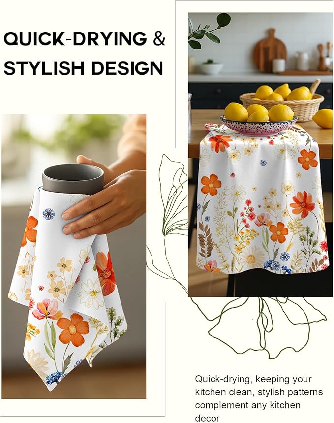 Flour Sack Kitchen Towels Set of 2-18x26 Cotton Dish Towels with Hanging Loop Reusable Tea Towel for Cleaning Spring Absorbent Dishcloths Cute Home Decor Housewarming, Red Flower