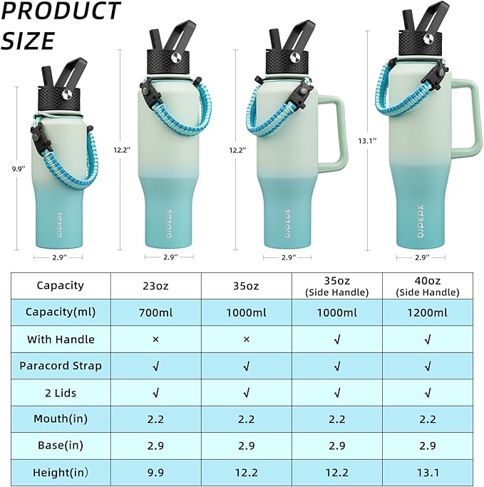 BJPKPK Insulated Water Bottles with Straw Lid, 23oz Metal Water Bottle with 2 lids & Paracord Strap, Double Wall Stainless Steel Vacuum Tumblers, Cups, Mugs, Thermo for Hot& Cold Drinks, Mint