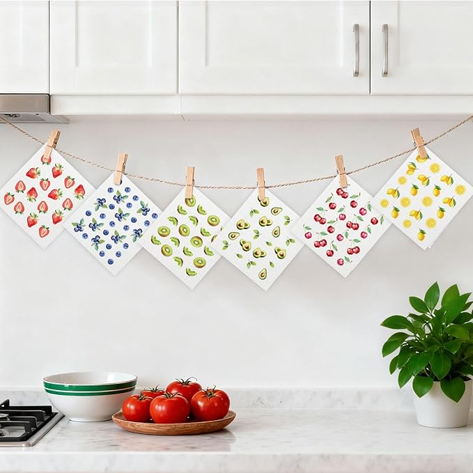Mixed Fruit Swedish Kitchen Dishcloths Dish Towels 6 Pack, Fruit Dish Towels for Kitchen, Swedish Dishcloth with Lemon, Paper Towels Reusable, Dish Cloth Towel Cleaning Wipe for Home Party