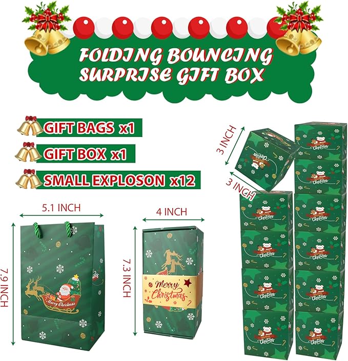 CSMGY Surprise Box Gift for Money, Christmas Surprise Gift Box Explosion, Folding Bouncing Gift Box for Christmas Birthday Anniversary, 12 Bounces Boxes (Green)