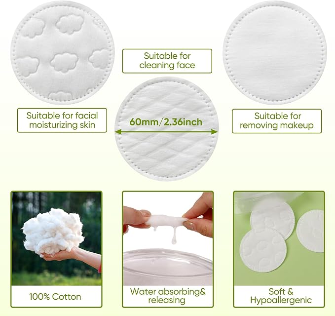 Boxed 300-Count Embossed Cotton Rounds – 3 Unique Patterns, Lint-Free, Dual-Sided, Soft & Durable, Ideal for Makeup Removal, Skincare, Nail Polish, and Baby Care