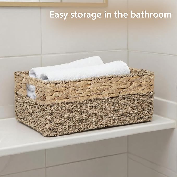 Handmade Water Hyacinth Storage Basket, Woven Basket Organizer with Inner Handles for Home & Office Decor (Medium)