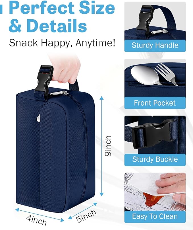 Small Insulated Snack Bag Lunch Box,Collapsible Reusable Small Lunch Bag with Snap Buckle Handle for Beach Travel Picnic,Dark Blue 5-Can(3L)