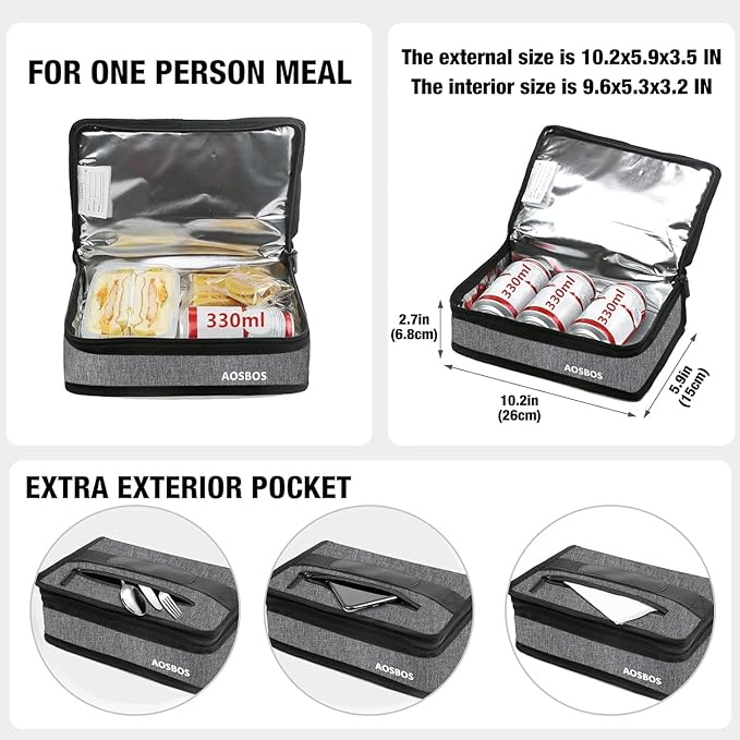 Aosbos Small Insulated Lunch Bag - Compact Lunch Box for Portion Control, Work & Office, Grey