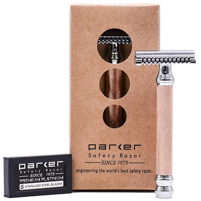 Parker Open Comb Double Edge Safety Razor – Heavyweight Chrome Handle for Closer Shaves – Includes 5 Razor Blades – Ideal for Men or Women (Rose Gold)