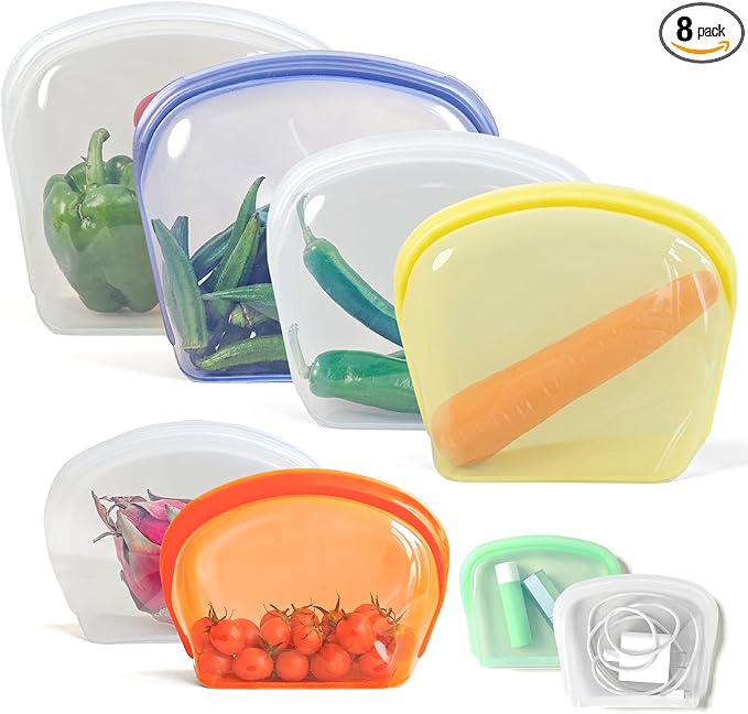 Platinum Silicone Reusable food storage Bags Multipack - 8 Pcs clear freezer storage containers, Double Lock Seal Leakproof reusable snack bags- Oven Dishwasher Freezer Safe - Mix Color