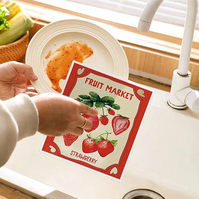 Swedish Dishcloths for Kitchen, Pink Strawberries Peach Orange Lemon Swedish DishCloths for Summer Friut Market, 4 Pack Dish Towels for Kitchen, Papaya Reusable Paper Towels Washable