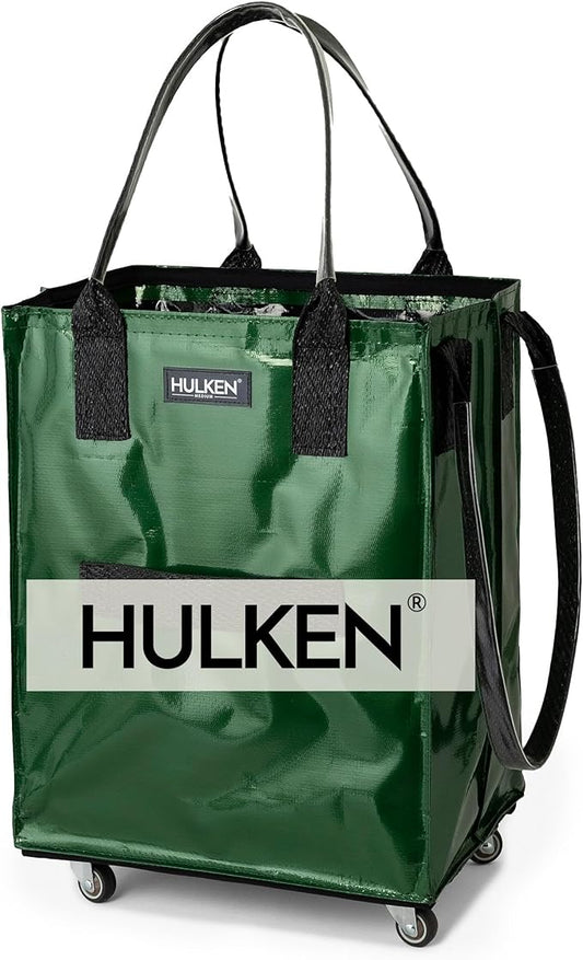 HULKEN - (Medium, Forest Green) Reusable Grocery Bag On Wheels, Shopping Trolley, Rolling Tote, Zipper Closure, Lightweight, Carries Up to 66 lb, Folds Flat, Unbreakable Handles