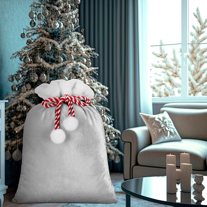 Shappy 2 Pieces Christmas Velvet Santa Bags with Drawstring in 2 Size Large Christmas Bags Santa Gift Sack for Xmas Playing Present Toy(Grey)
