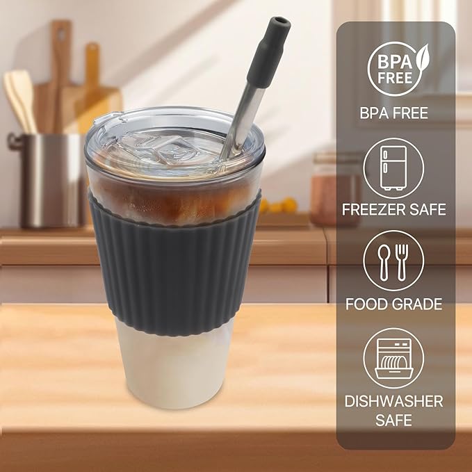 Black Glass Cups with Lid and Straw, 16 oz Glass Coffee Cup,Reusable with Temperature Sensitive Silicone Sleeve and Silicone Straw .Travel Iced Coffee Cup for Juice, Milk Tea and Smoothie(single pack)
