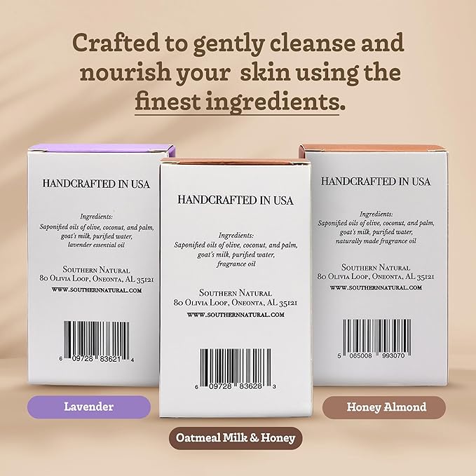 Southern Natural Goat Milk Soap Bar – Oatmeal Milk & Honey, Lavender, Honey Almond – Handmade for Dry and Sensitive Skin – Face & Body Wash for Men, Women, Kids, Baby – 3 pack (4-4.5 oz)