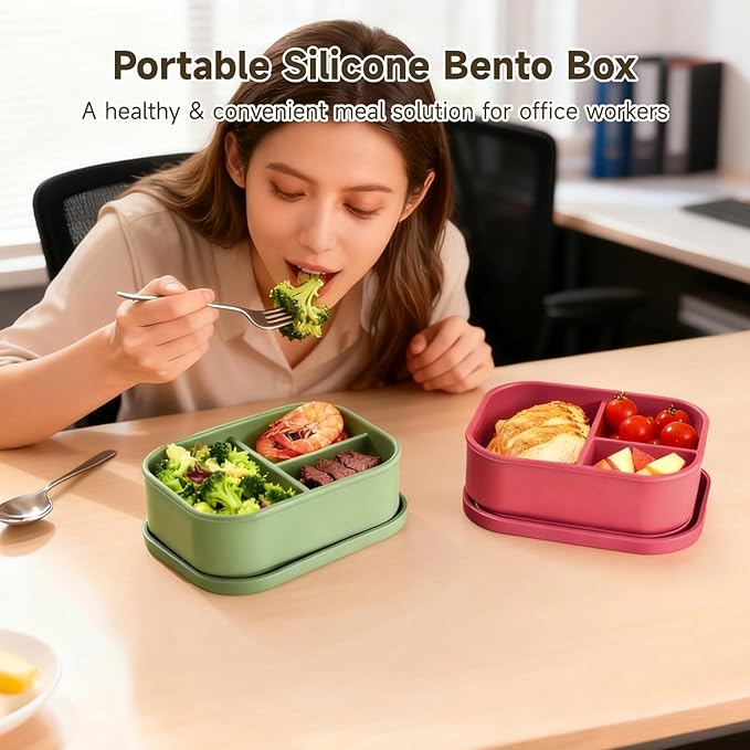 OMISTAR 4 PCS Silicone Bento Box 3 Compartment Reusable Bento, Silicone Lunch Container for Adults Work Travel Food Meal Compartment Storage, Microwave Dishwasher Freezer Safe (A)