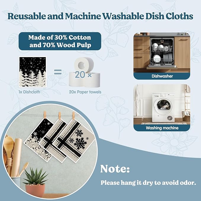 Christmas Swedish Dishcloths for Kitchen, Winter Xmas Tree Snowflake Kitchen Dish Towels for Washing Dishes, 4 Pack Reusable Paper Towels, Sponge Cloths for Home Party Housewarming Cleaning