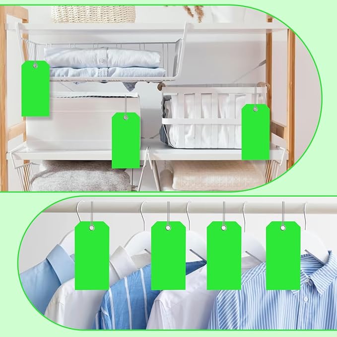 200 PCS 4 3/4" x 2 3/8" Neon Color Shipping Tags with Wire Paper Heavy Duty Hang Tags with Reinforcement Holes Writable Luggage Tag with String Durable Marking Tags (Neon Green, 4 3/4" x 2 3/8")