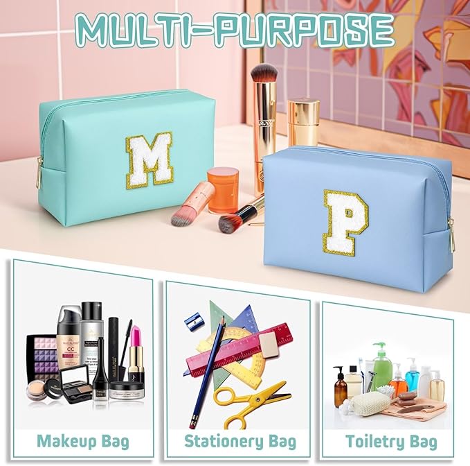 TOPEAST Preppy Makeup Bag, Small Cosmetic Travel Bags for Women, PU Leather Waterproof Toiletry Bag with Zipper, Personalized Birthday Gift for Women Girl, Preppy Gifts for Girl (Blue Y)
