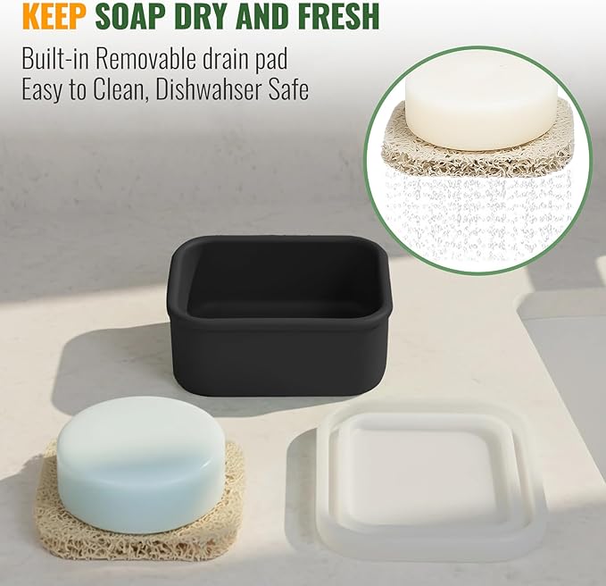 Shampoo Bar Travel Case with Draining Pad | Leakproof Silicone Small Travel Soap Case | Ultra-Compact for Gym, Camping, Business Trip (Black)
