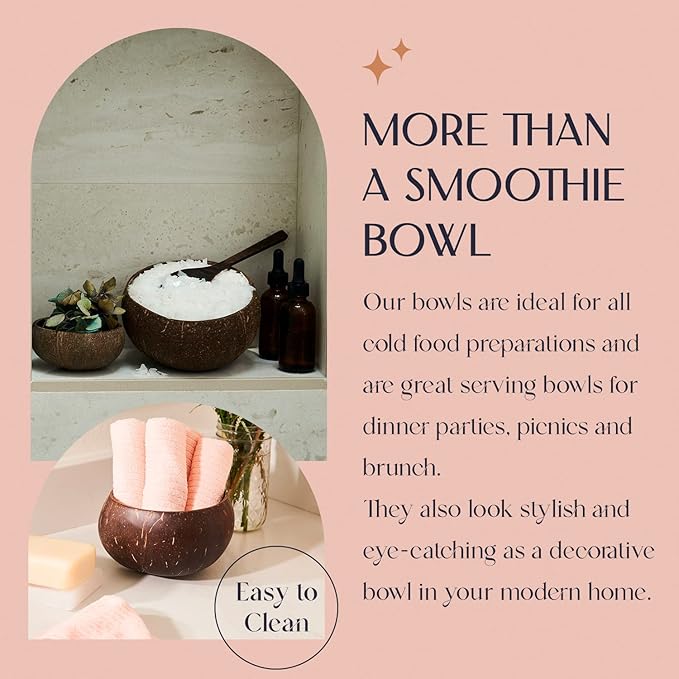 Coconut Bowl Set with Wooden Spoons – White Elephant Gifts For Adults, Christmas Gifts. Eco-Friendly Acai Bowls, Yogurt Bowls & Smoothie Bowl – Ideal for Ninja Creami (2, Natural)