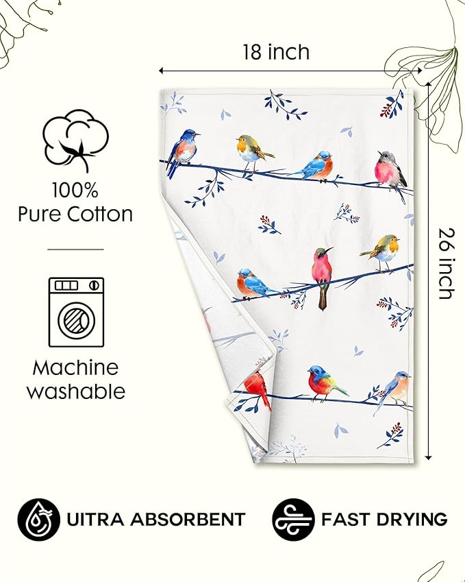 Flour Sack Kitchen Towels Set of 2-18x26 Cotton Dish Towels with Hanging Loop Reusable Tea Towel for Cleaning Spring Absorbent Dishcloths Cute Home Decor Housewarming, Watercolor Bird