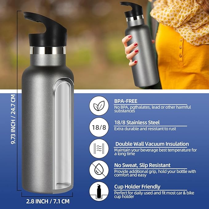 Volhoply 17oz Kids Insulated Water Bottle,Stainless Steel Water Bottles with Straw Lid,Double Wall Vacuum Metal Cups Water Bottle,Reusable Sports School Water Flask Keep Hot & Cold (Cold Grey,1 Set)