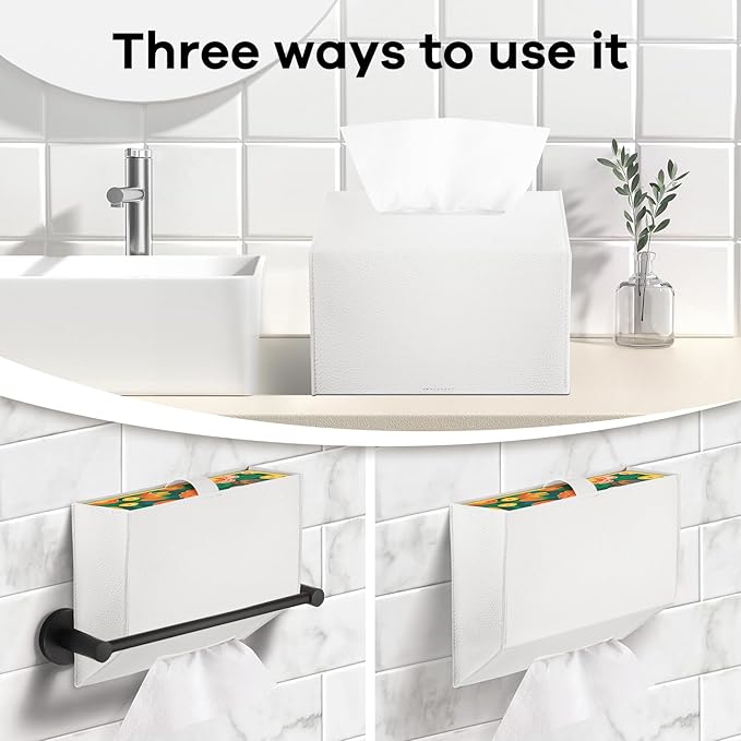 Tissue Box Cover Holder Compatible with Kleenex Disposable Paper Hand Towels, Leather Paper Towel Dispenser for Tabletop, Bathroom, Car, Office (Cream-2 Pack)