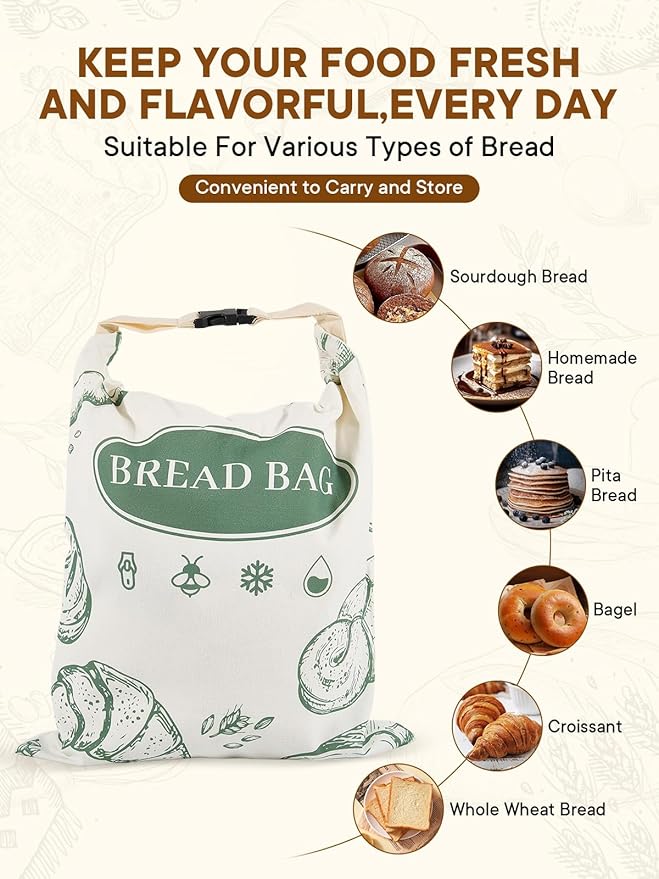 2 Pack Beeswax Bread Bags with Zipper Reusable Bread Storage Bags for Homemade Bread Sourdough Large Cotton Baguette Bag with Liner Freezer Storage Bag to Keep Fresh Kitchen Baking Supplies