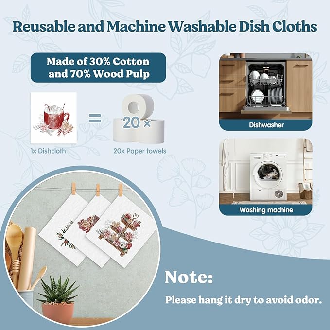 Swedish Dishcloths for Kitchen, Christmas Xmas Tree Snowman Winter Kitchen Dish Towels for Washing Dishes, 4 Pack Reusable Paper Towels, Sponge Cloths for Holiday Home Cleaning Baking Cooking