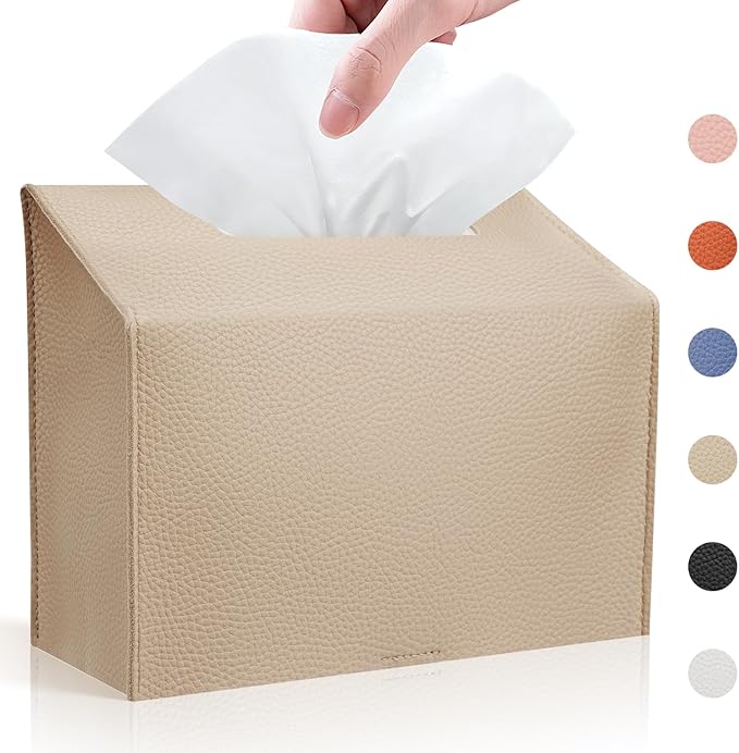Tissue Box Cover Holder Compatible with Kleenex Disposable Paper Hand Towels, Leather Paper Towel Dispenser for Tabletop, Bathroom, Car, Office (Beige-1 Pack)