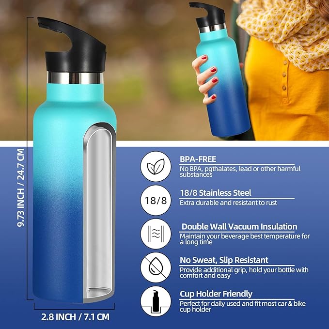 Volhoply 17oz Insulated Water Bottle Bulk 2 Pack,Stainless Steel Kids Water Bottles with Straw Lid,Reusable Metal Water Flask,Double Wall Vacuum Sports School Cups Keep Hot & Cold (Green Blue,2 Set)