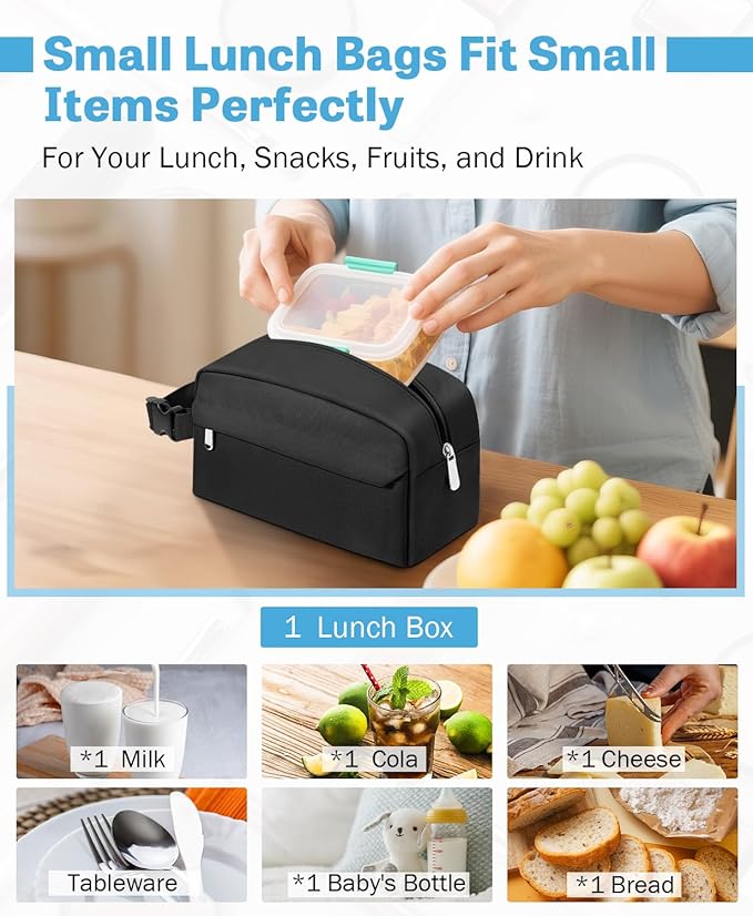 Small Insulated Snack Bag Lunch Box,Collapsible Reusable Small Lunch Bag with Snap Buckle Handle for Beach Travel Picnic,Black 5-Can(3L)