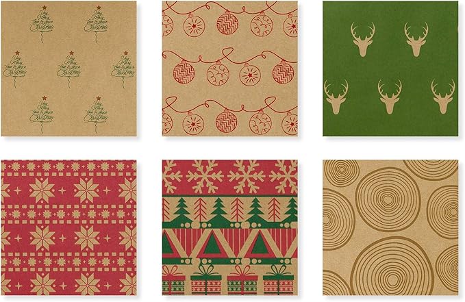 RUSPEPA Christmas Wrapping paper - Brown Kraft Paper with Red and Green Pattern For -Christmas Elements Collection-6 Roll-30Inch X 10Feet Per Roll