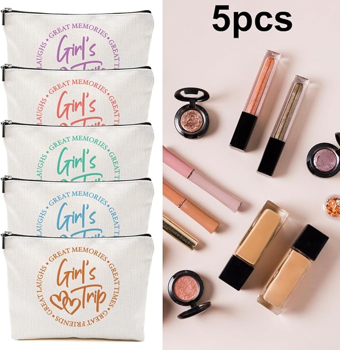 5-Piece Girls' Trip Favors - Makeup Bags for Weekends, Besties & Bridesmaids - Toiletry Bag for Travel, Graduation & Wedding Gifts