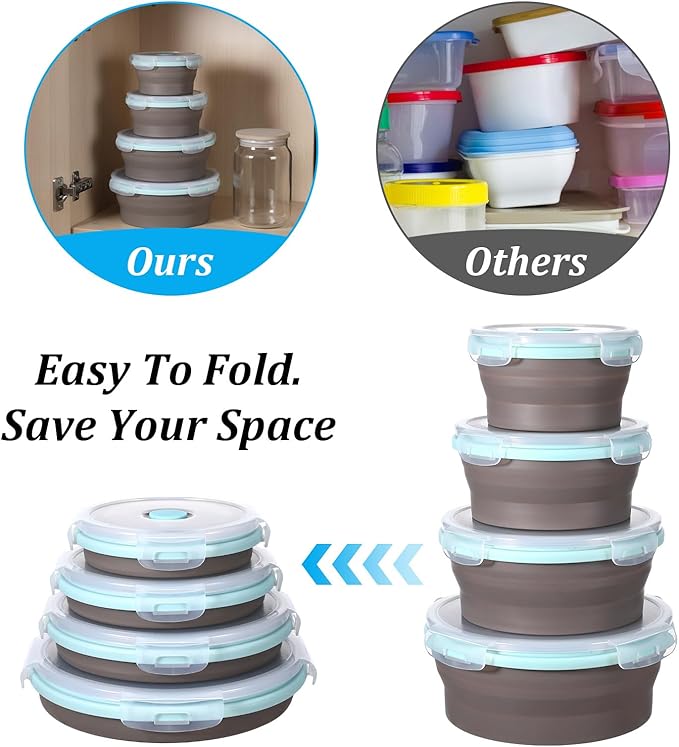 4 PCS Collapsible Bowls with Lids Silicone Collapsible Mixing Bowls for Camping Portable Salad Bowl Food Storage Containers for Hiking, Camping, Travel 12/17/27/40oz